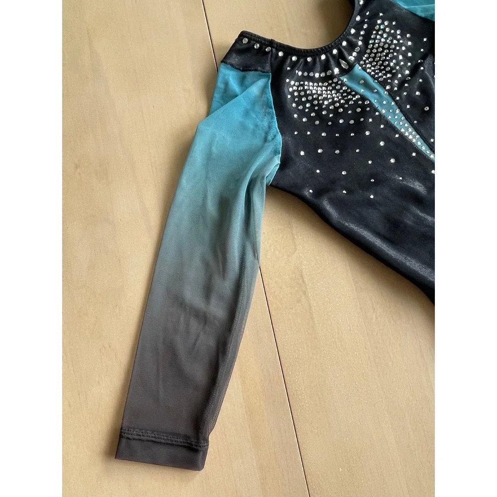 GK Elite Black Blue Rhinestone Gymnastics Leotard Long Sleeve Child Large CL